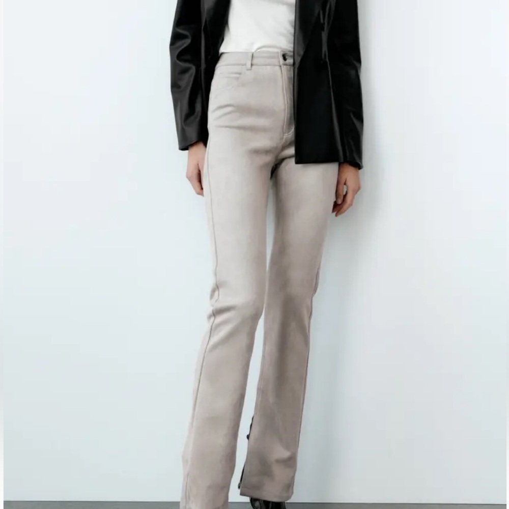 ZARA Taupe Faux Suede Trousers Ladies Slim Fit Flared‎ Side Vent Pants